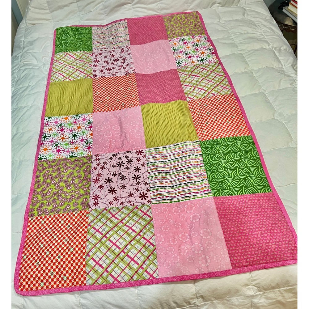 Quilt Kids Pink Multicolor Patchwork Handmade Blanket 60" x 33" Fun Girls Cozy